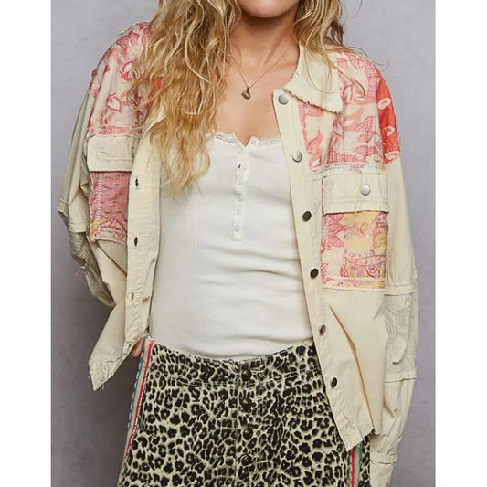 Woven Mixed Denim Shacket (Cream)