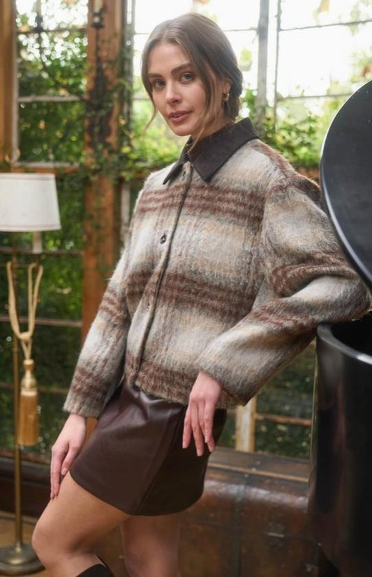 Brushed Plaid Contrast Collar Jacket (Cream Multi)