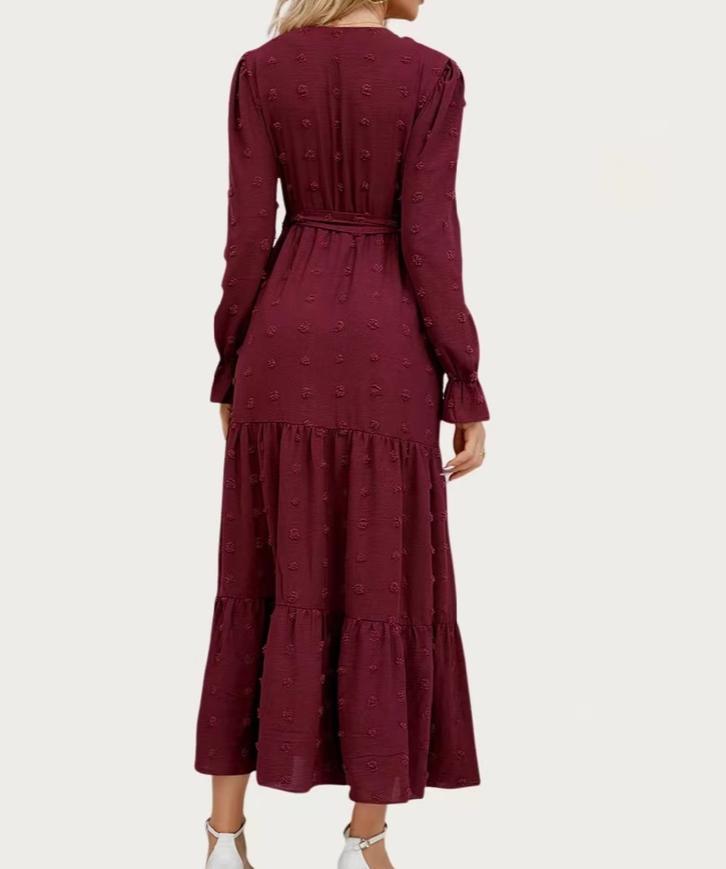 Classic Swiss Dot Surplice Neck Long Sleeve Maxi Dress (Burgundy)