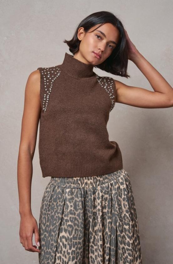 Crystal Embellished Sleeveless Mock Neck Knit Top (Mocha)