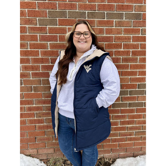 WVU Longline Hooded Faux Fur Puffer Vest (Navy)