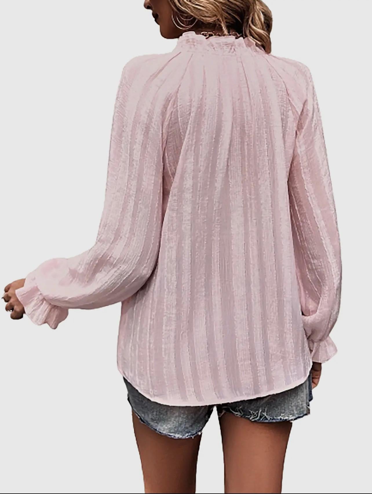 Women's Long Sleeve Button Cuff Chiffon Elegant Blouse (Pink)