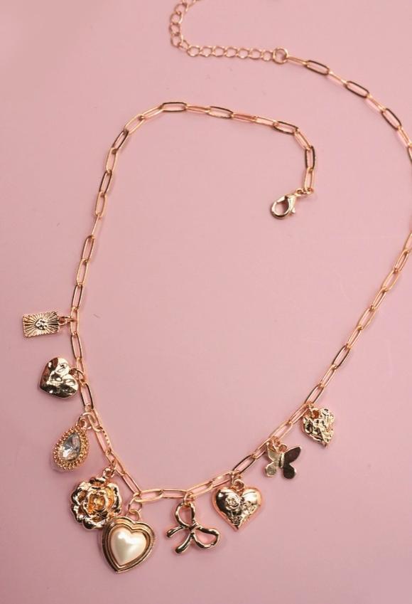 Charm Necklace-Bow Heart Rhinestone Flower