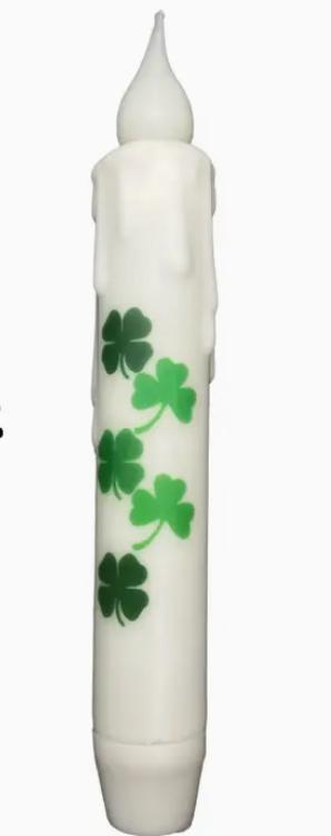 St. Patrick's Shamrocks Battery Operated Timer Taper Candle (White)