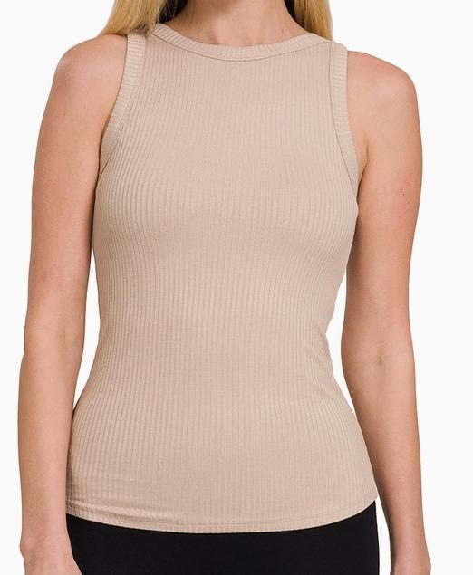 Ribbed High Neck Rayon Spandex Tank Top (Light Mocha)