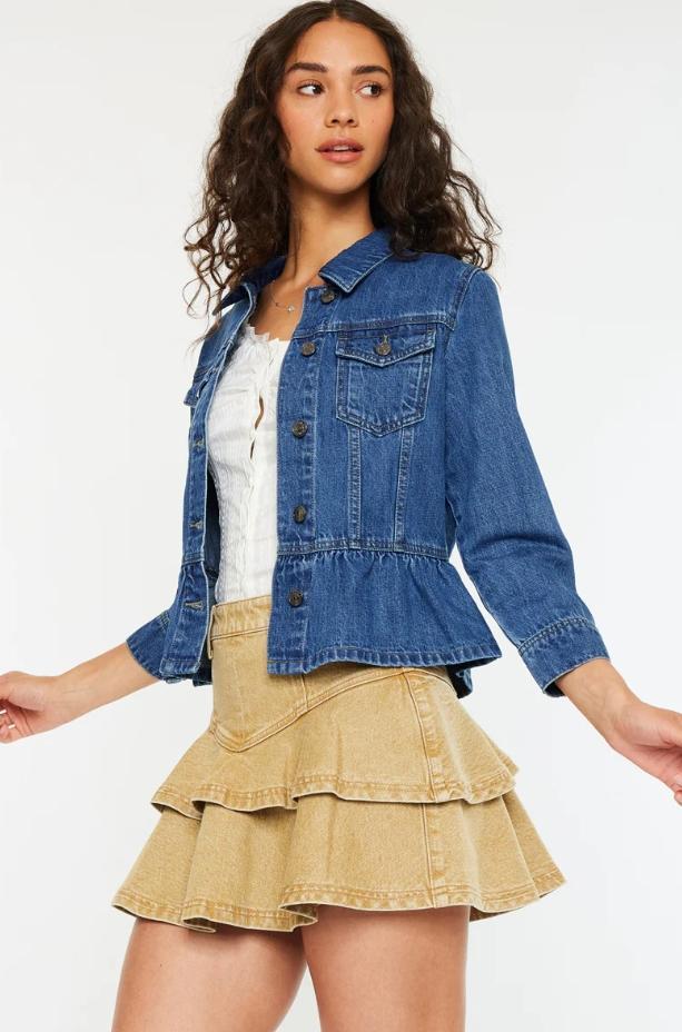 Marilou Peplum Denim Jacket – Button Down Flare Fit (Medium Wash)