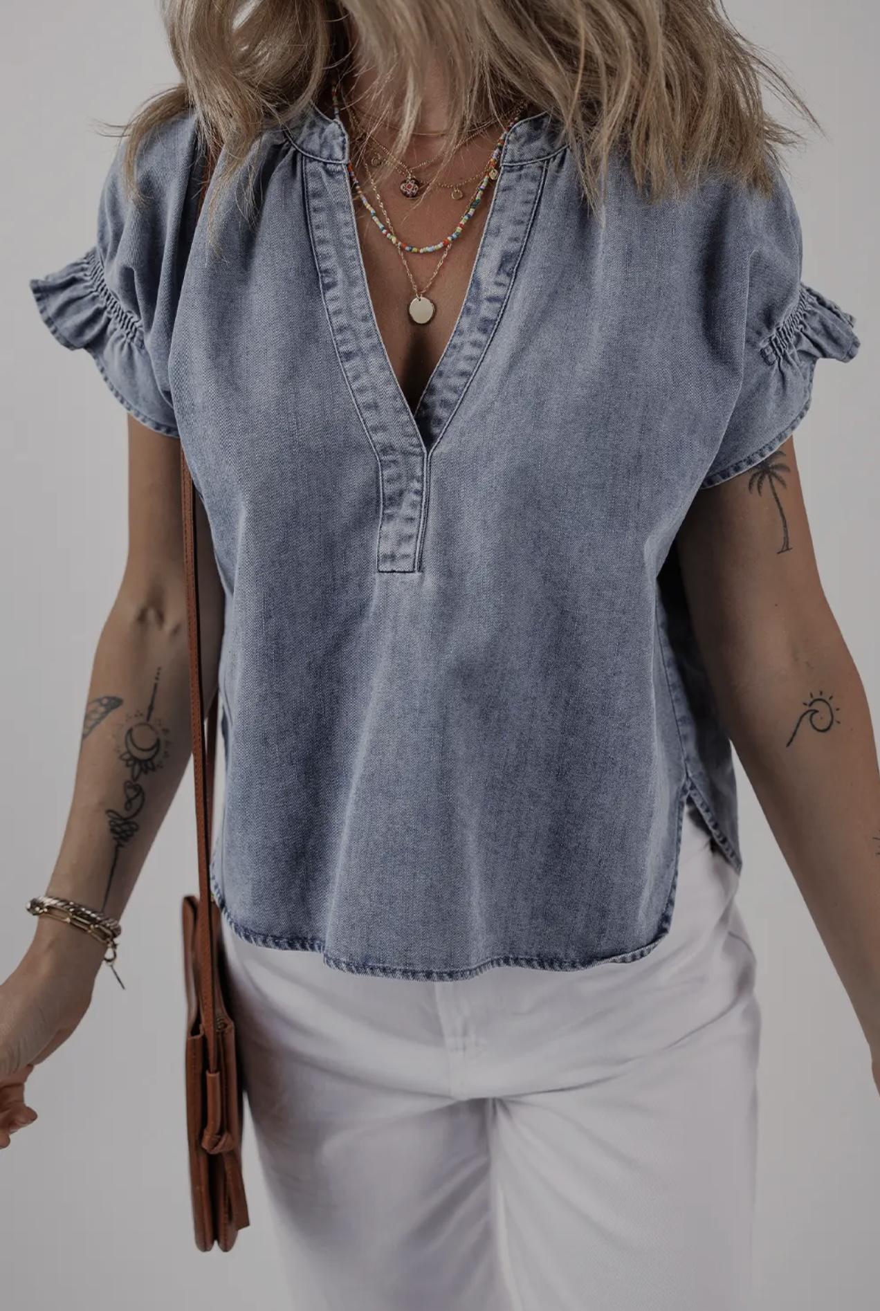 Ruffled Short Puff Sleeve Denim Top