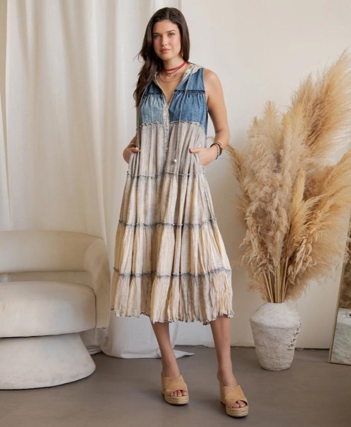 Boho Sleeveless Maxi Button-Front Duster with Hood (Latte)
