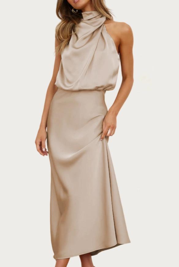 One-Shoulder Halter Formal Midi Dress (Apricot)