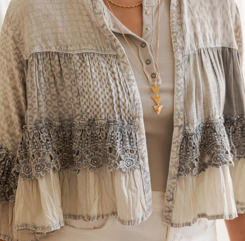 Mineral Wash Tiered Crochet Lace Open Front Shrug - 3 Colors (Grey)