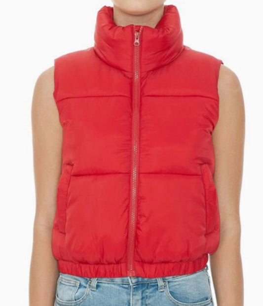Nylon High Neck Faux Down Puffer Vest (Red)
