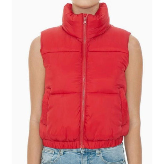 Nylon High Neck Faux Down Puffer Vest (Red)