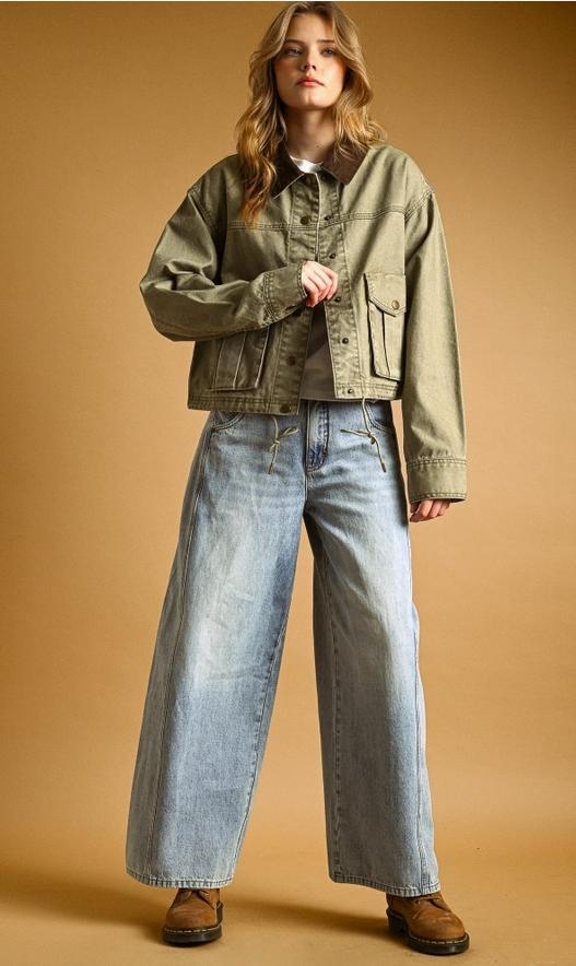 Collar Contrasted Utility Jacket (Olive)