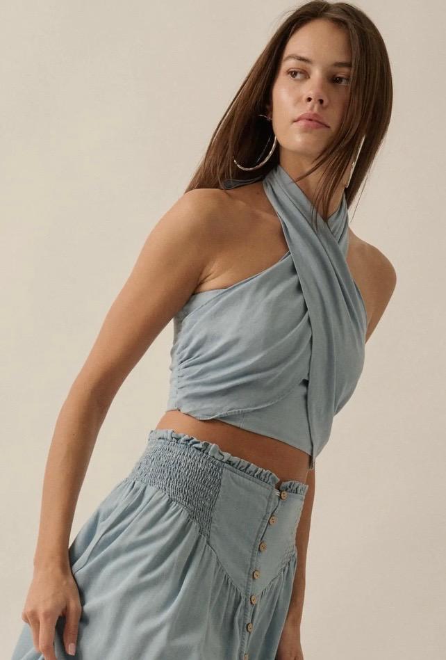 Solid Denim Cropped Wrapped Halter Top