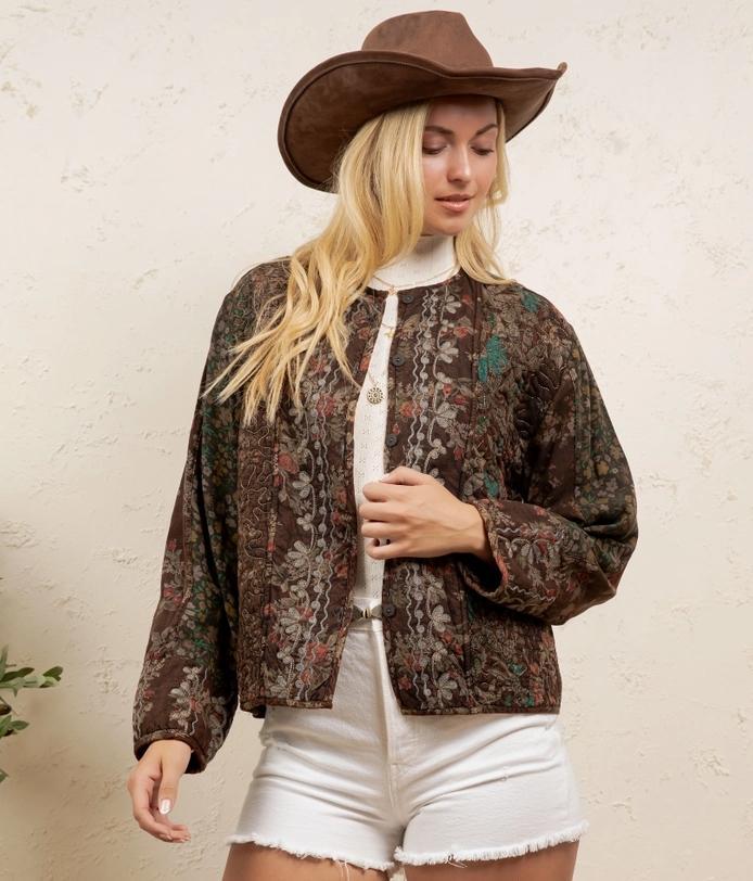 Vintage Floral Quilted Tapestry Pattern Long Sleeve Jacket
