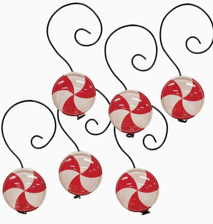 6/Set - Wood & Glass Marble Peppermint Ornaments