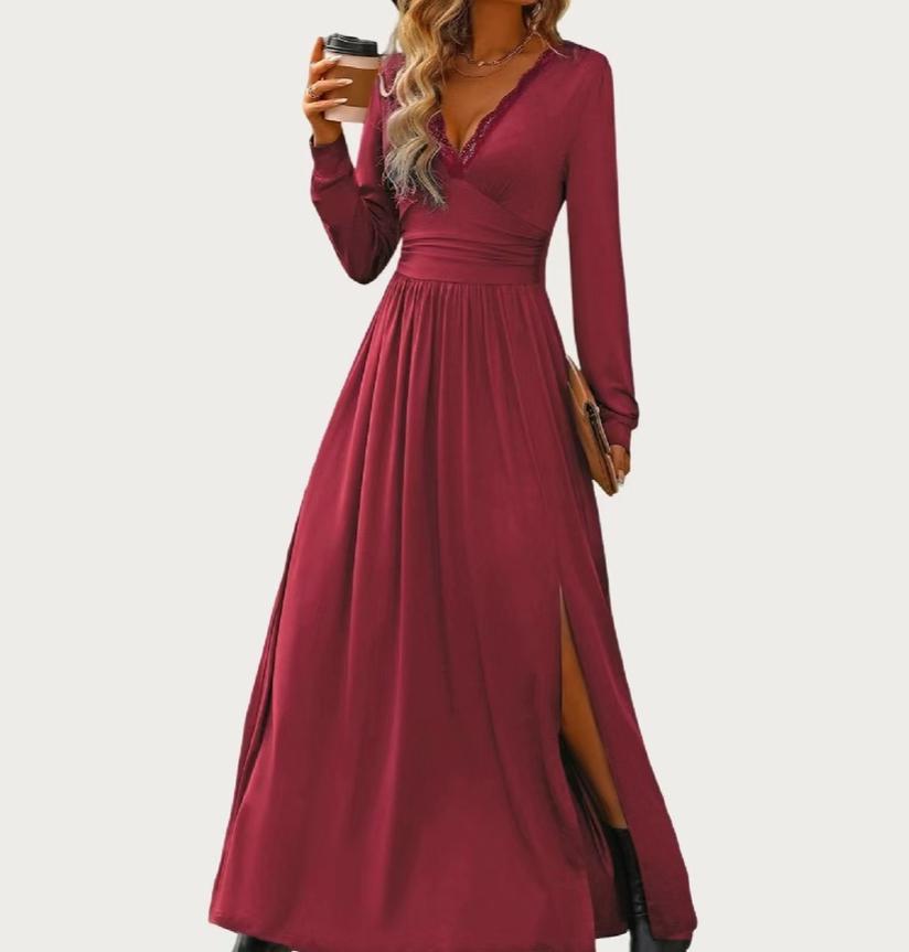 Solid Soft Stretchy Plunging Neck Long Sleeve Maxi Dress (Dark Red)