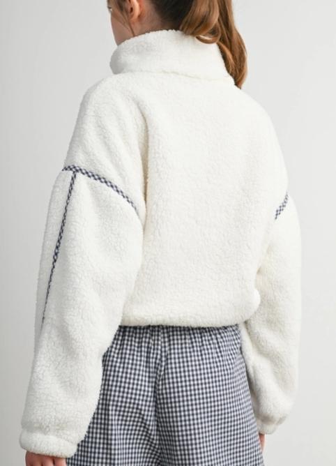 WV Embroidered Gingham Trim Fleece Half Zip Pullover