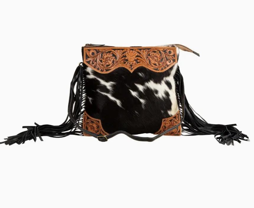Myra Tumbleweed Trail Fringed Hand-Tooled Bag