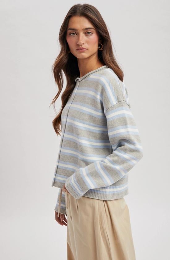 Multi-Striped Button-Up Sweater Cardigan (H. Grey Combo)