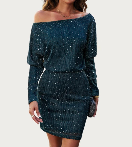 Remarkable Sequin Off-The-Shoulder Bodycon Mini Dress (Dark Green)