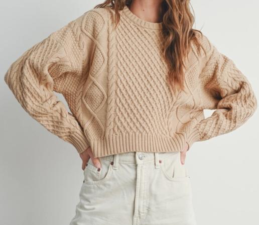 Casual Solid Cable Knit Sweater (Taupe)