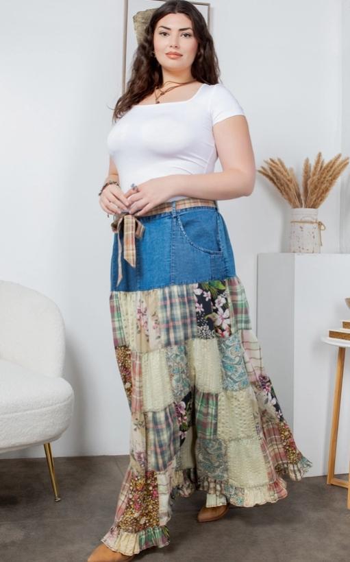 Patchwork Belted Skirt (Denim)