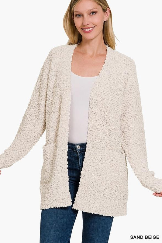 Long Sleeve Popcorn Sweater Cardigan with Pockets (Sand Beige)