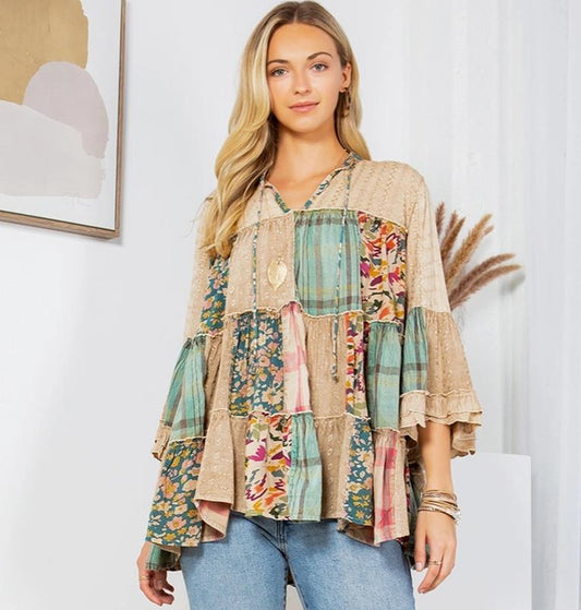 Boho Patchwork Tiered Tunic with Denim Yoke (Latte)