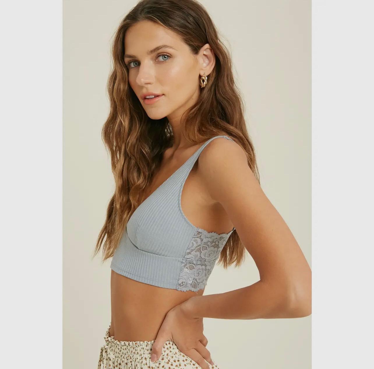 Ribbed Knit Bralette with Lace Back Detail  (M.Blue)