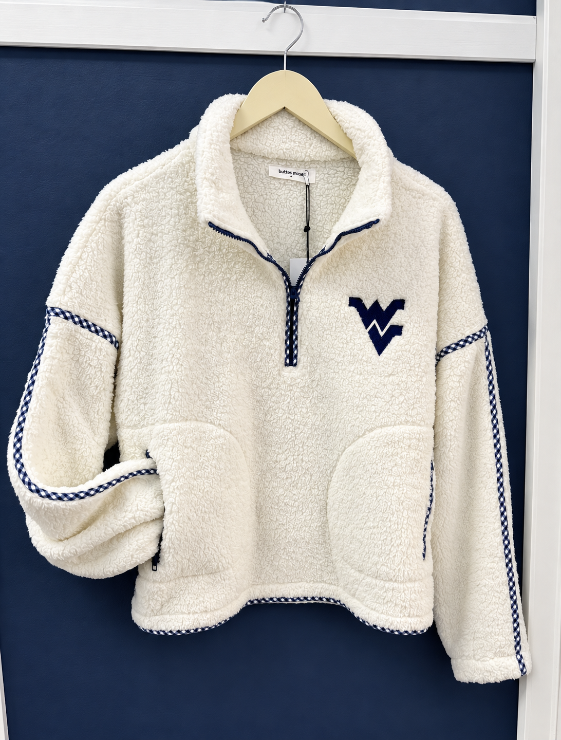WV Embroidered Gingham Trim Fleece Half Zip Pullover
