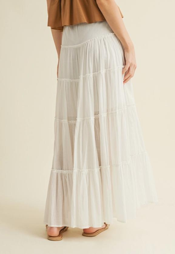 Drawstring Detail Tiered Maxi Skirt (Off White)