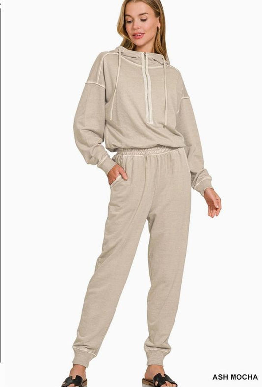 Enzyme Washed French Terry Jumpsuit (Ash Mocha)