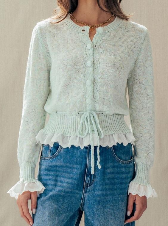 Eyelet Trim Peplum Drawstring Cardigan