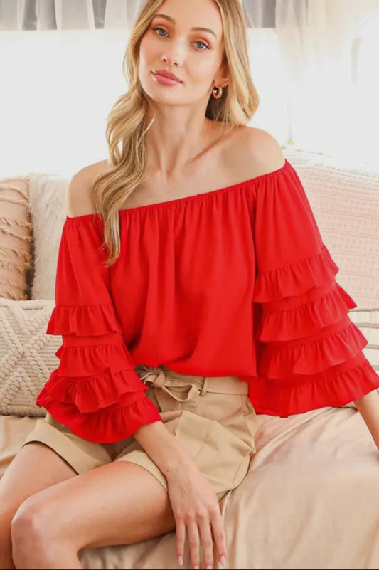 Off The Shoulder Ruffle Sleeve Top (Red)