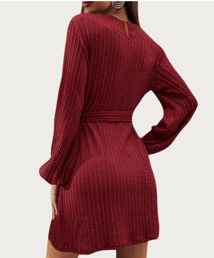 Casual and Soft Textured Long Sleeve Knit Mini Dress (Burgundy)