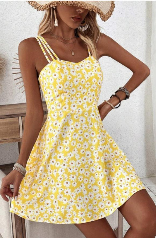 Short Waistline Yellow Floral Print Halter Dress
