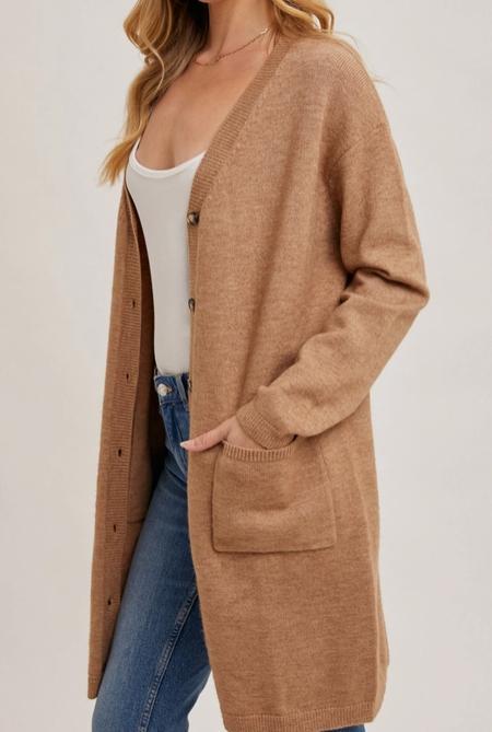 Button Down V-Neck Long Line Knit Cardigan (Latte)