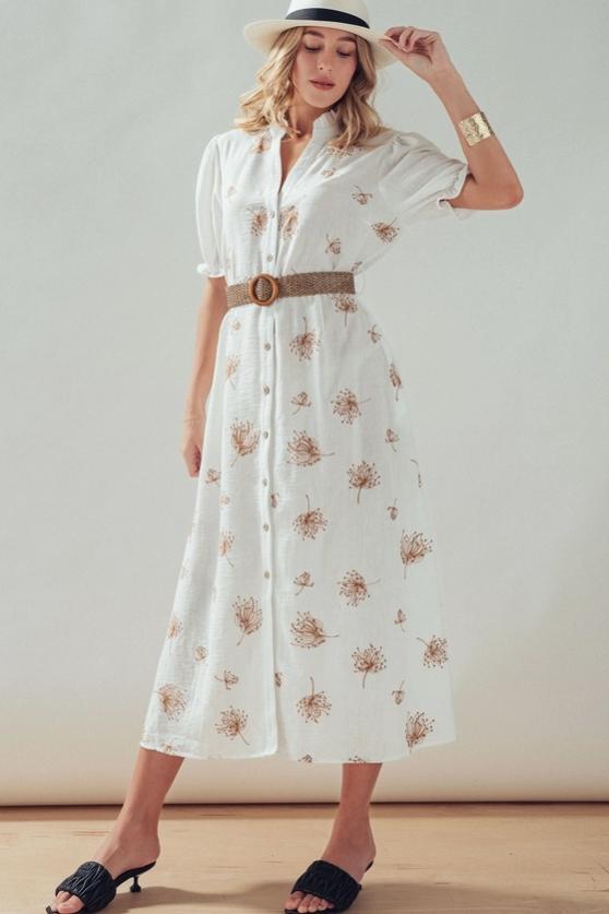 Embroidered Linen Blend Button Front Midi Dress (Ivory)