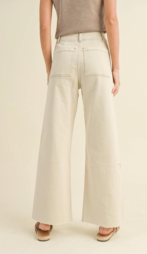 Straight Wide Leg Pants with Front Pocket (Washed Beige)