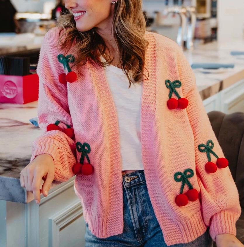 Cherry Long Sleeve Knit Cardigan Sweater (Pink)