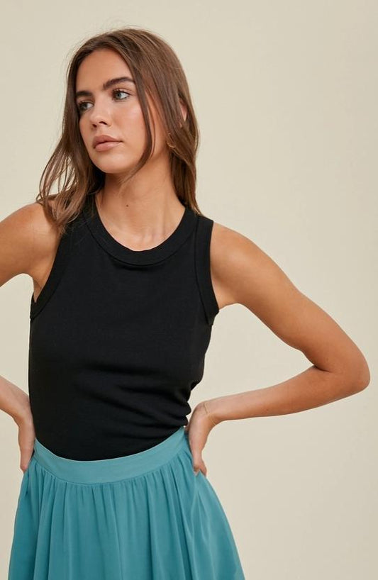 Crew Neck Ribbed Knit Tank Top (Black)