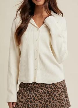 Ribbed Collared Button-Up Knit Top (Cream)