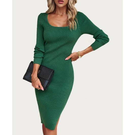 Classic Solid Ribbed Knit Long Sleeve Bodycon Midi Dress (Dark Green)