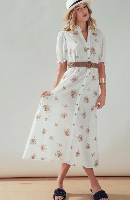 Embroidered Linen Blend Button Front Midi Dress (Ivory)