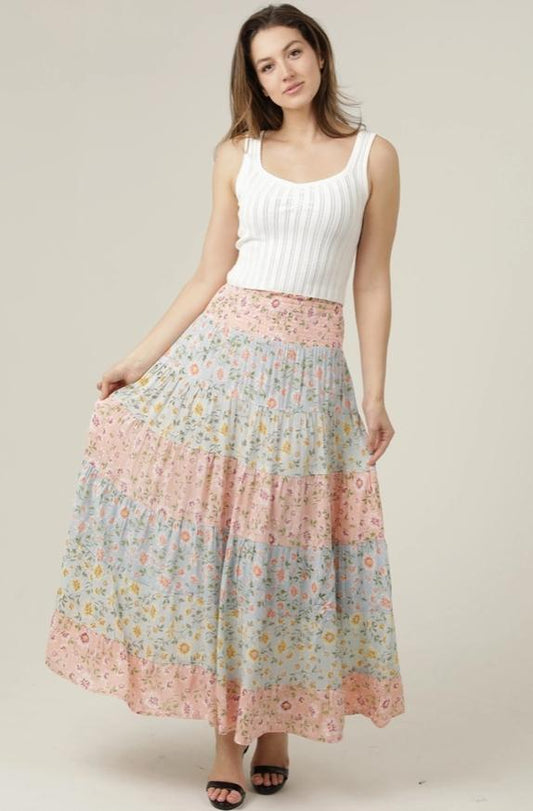 Tiered A Line Maxi Skirt Smocked Waist (Multi)