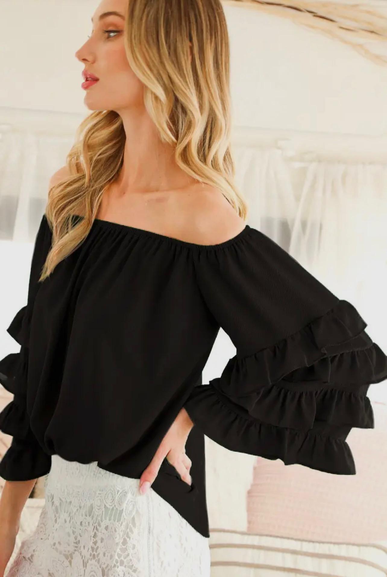 Off The Shoulder Ruffle Sleeve Top (Black)