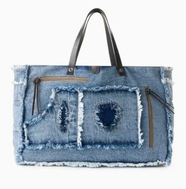 Frayed Frontier Western Denim Tote Bag For Women in Denim Blue with Fringe Detail