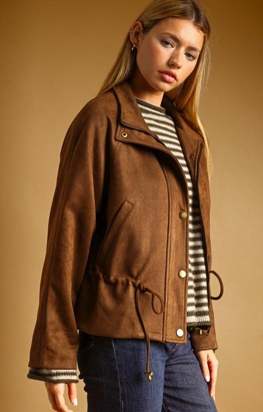 Suede Button Front High Collar Jacket (Brown)
