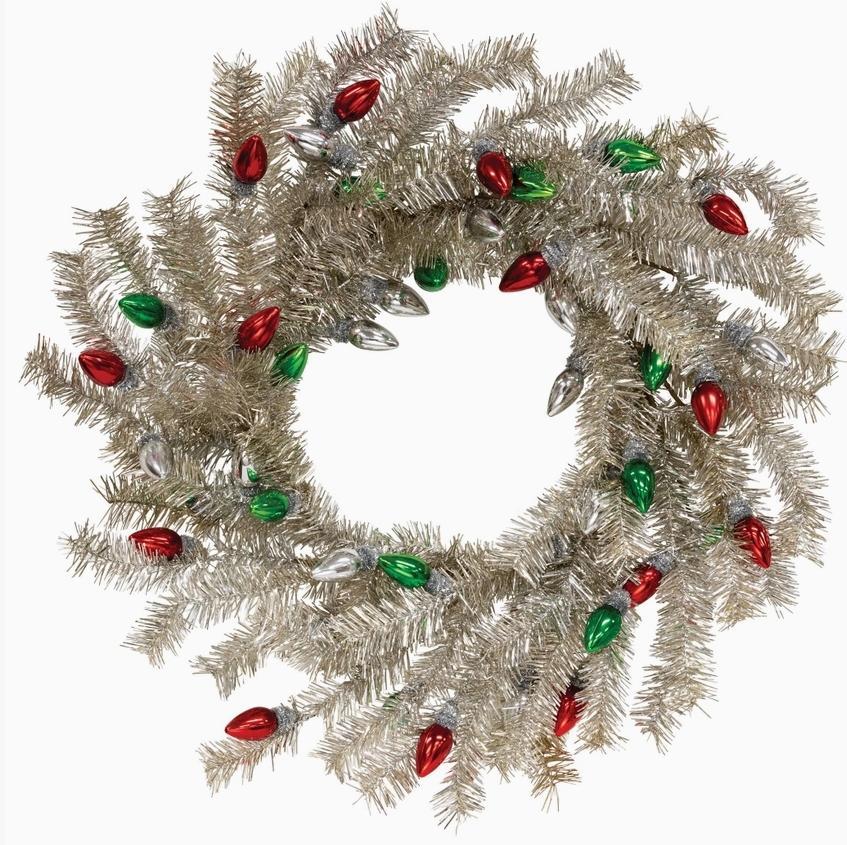 Silver Tinsel & Holiday Bulbs Wreath